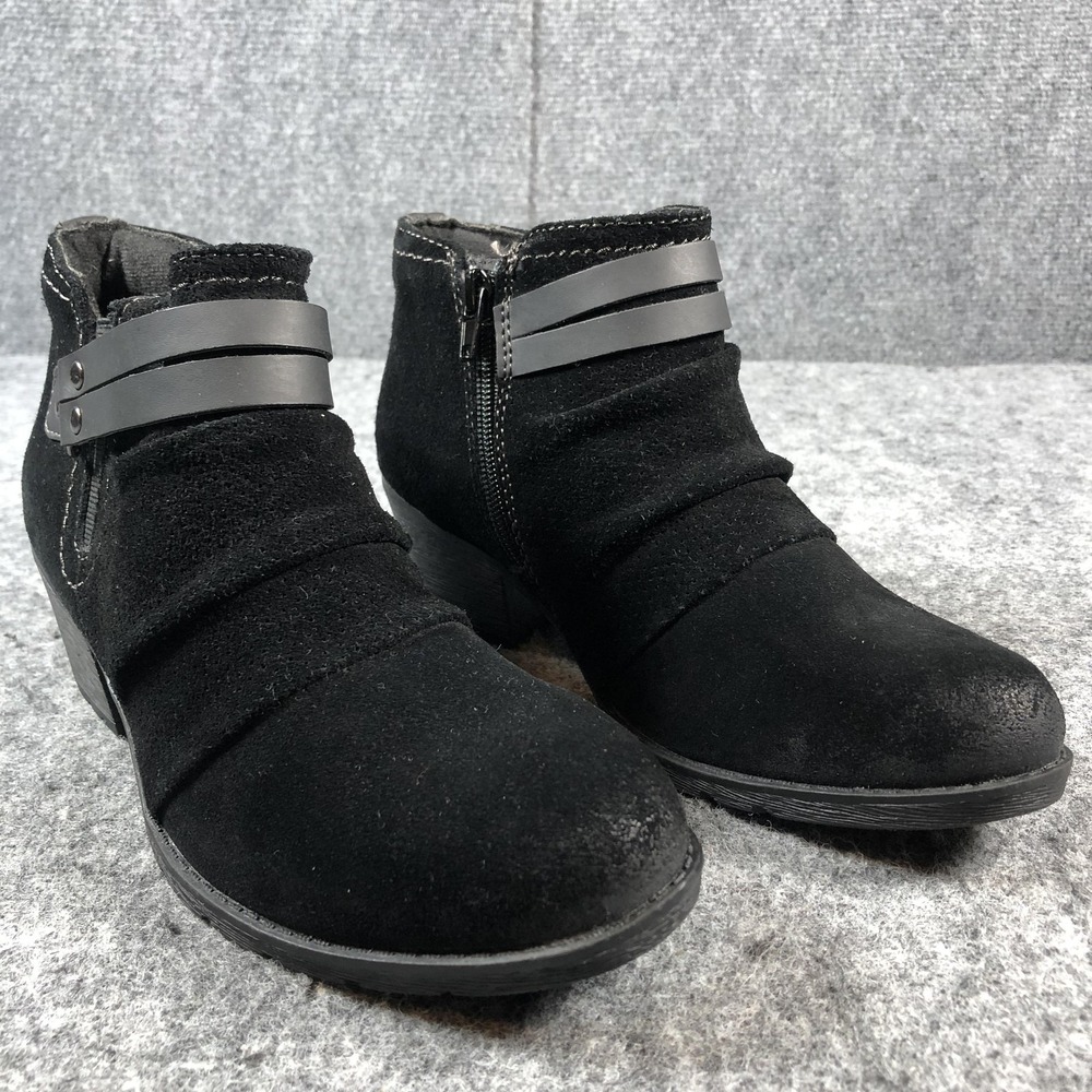 Earth Origins Boots Womens 7 M Black Suede Ankle Booties Side Zip Strap Comfort